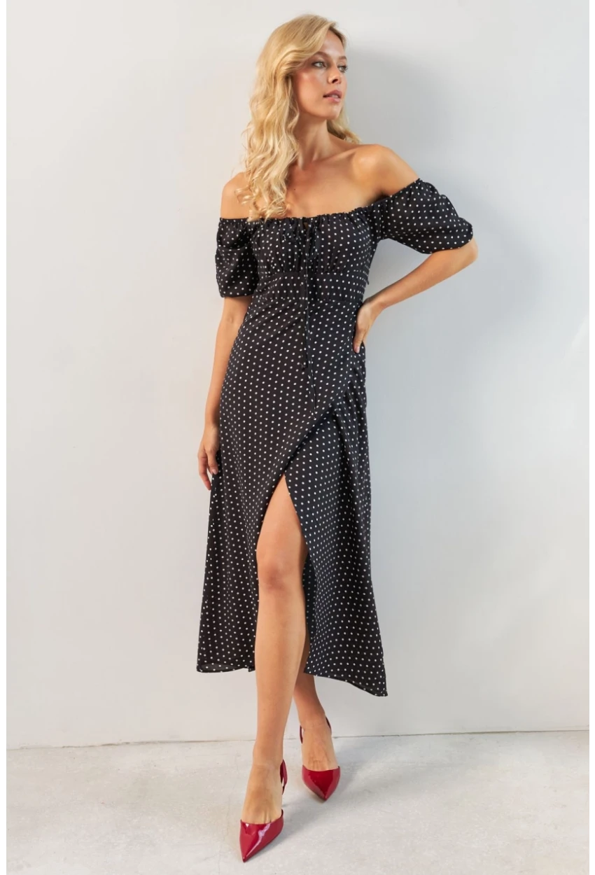 Kadın Siyah Yırtmaçlı Desenli Midi Elbise KED0243