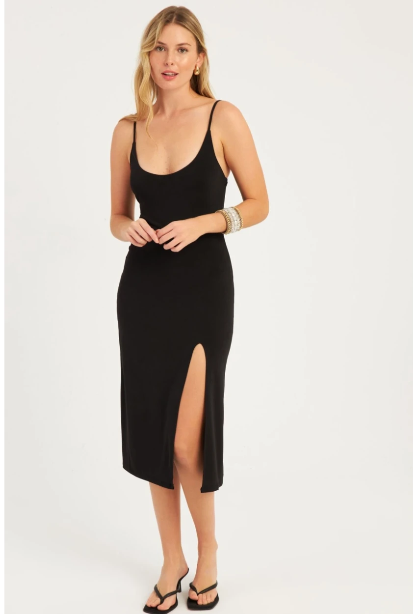 Kadın Siyah Yırtmaçlı Midi Elbise  MON1047