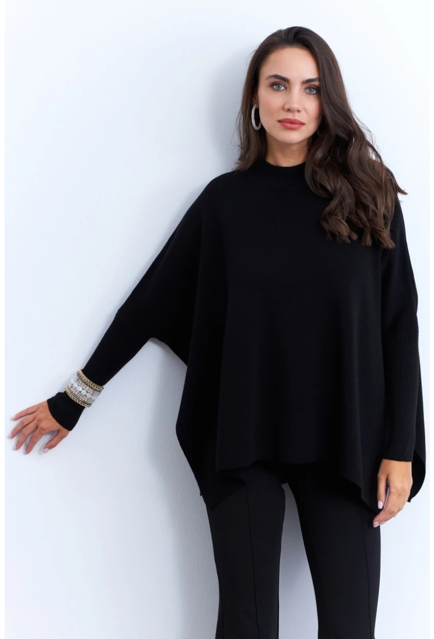 Kadın Siyah Yırtmaçlı Triko Bluz MSMT2262