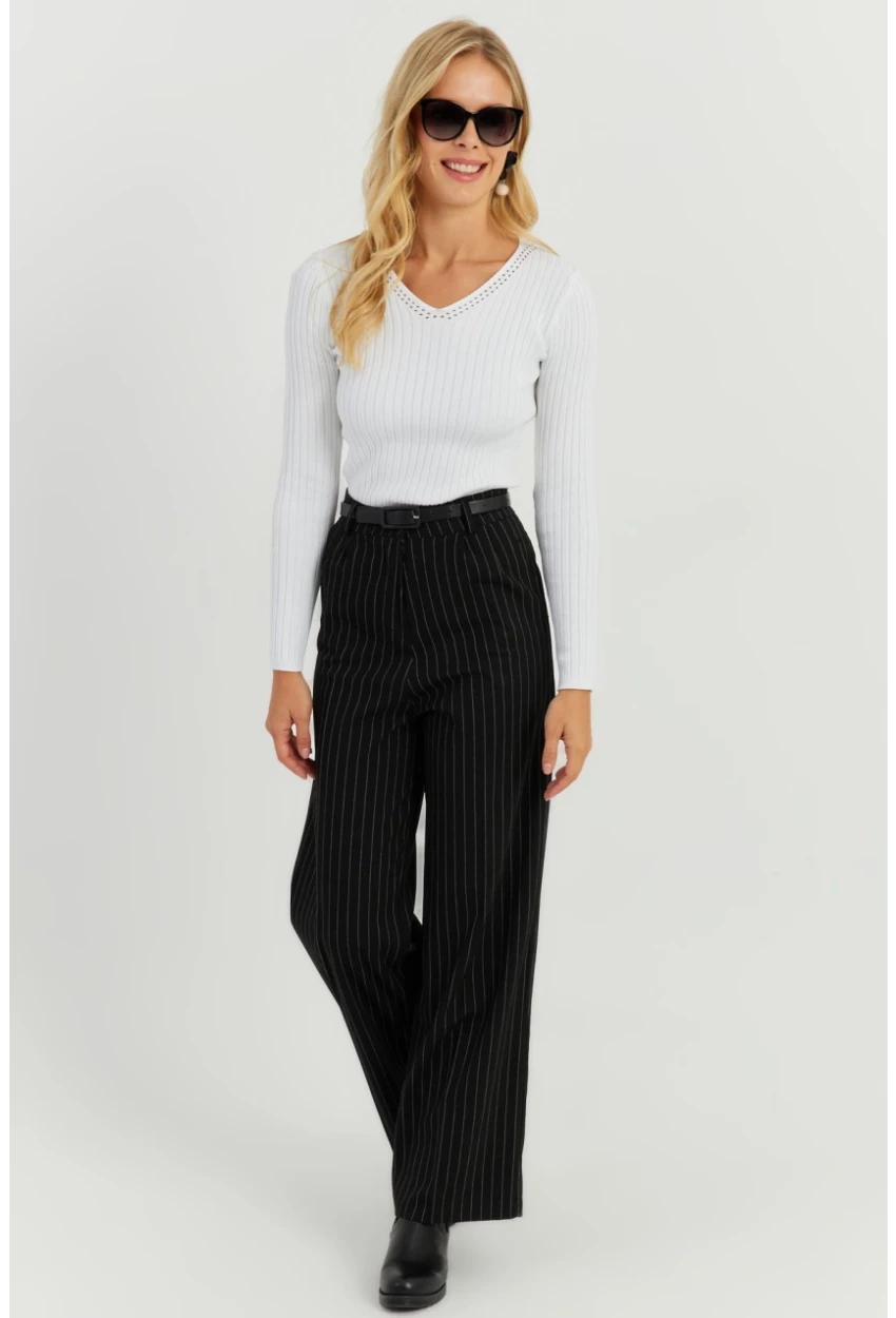Kadın Siyah Yüksek Bel Çizgili Pantolon ELA108