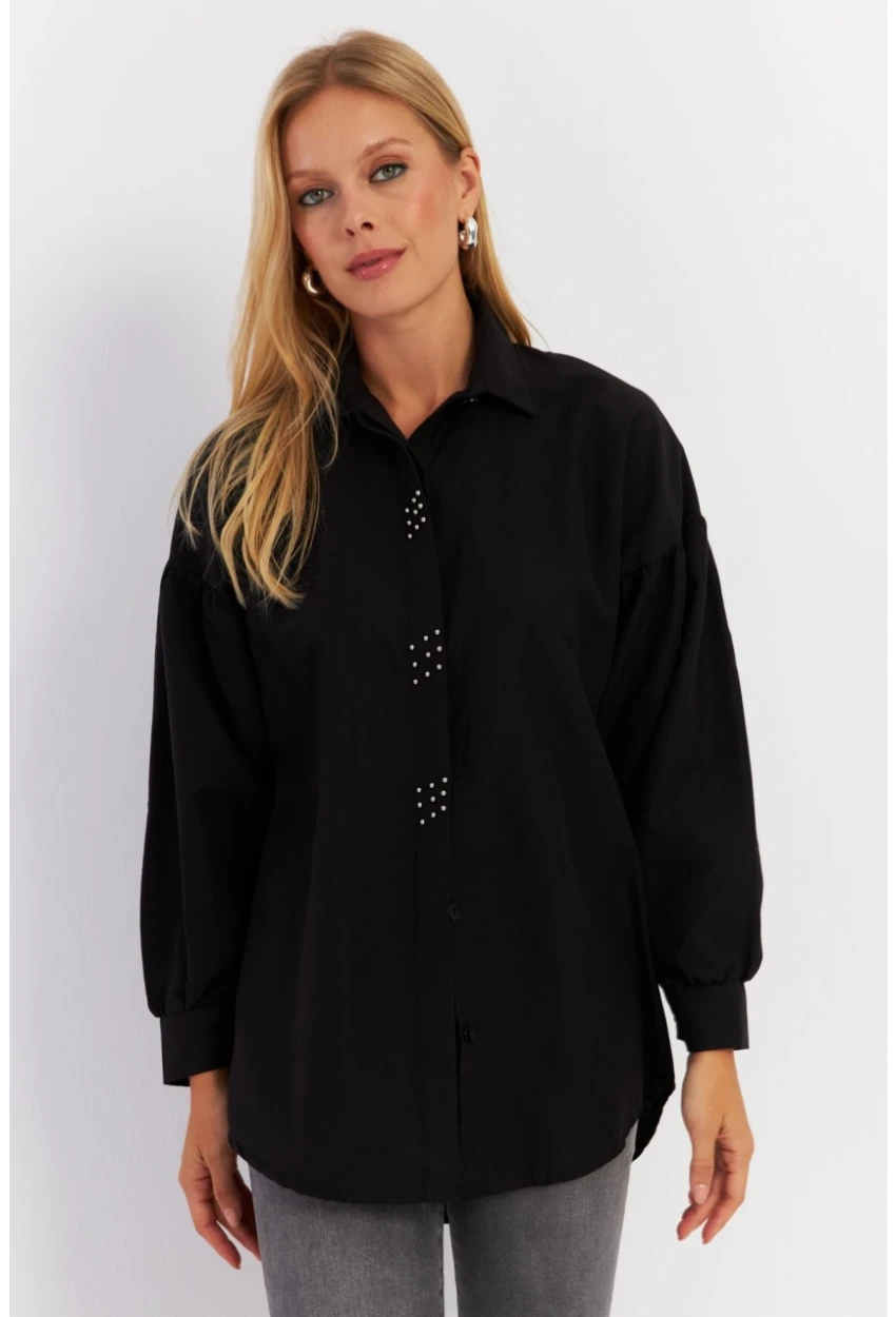 Kadın Siyah Zımbalı Gömlek MASF08