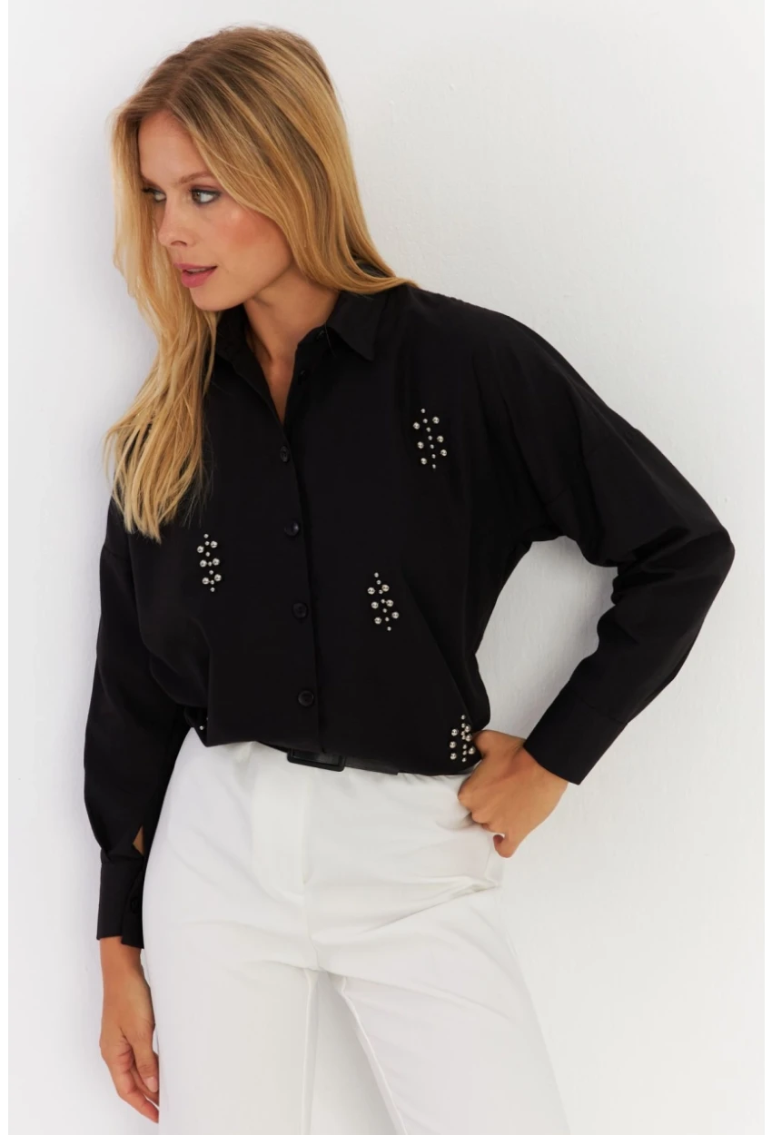 Kadın Siyah Zımbalı Gömlek MASF1