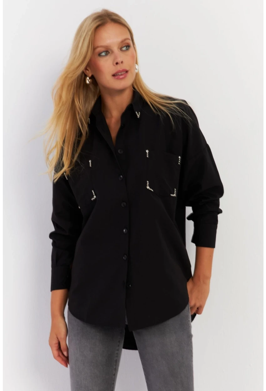 Kadın Siyah Zımbalı Gömlek MASF2