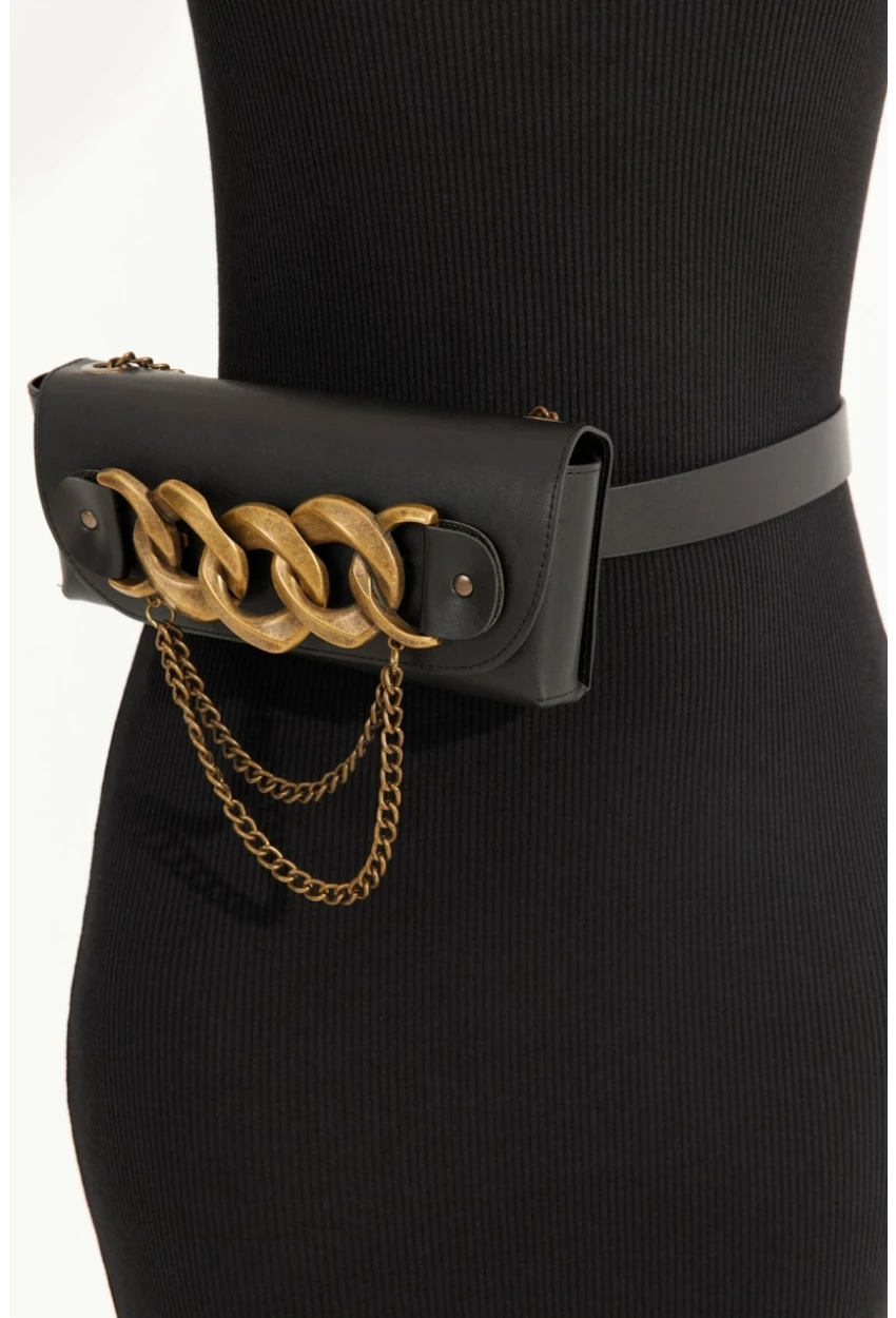 Kadın Siyah Zincir Aksesuarlı Bel Çantası BE692