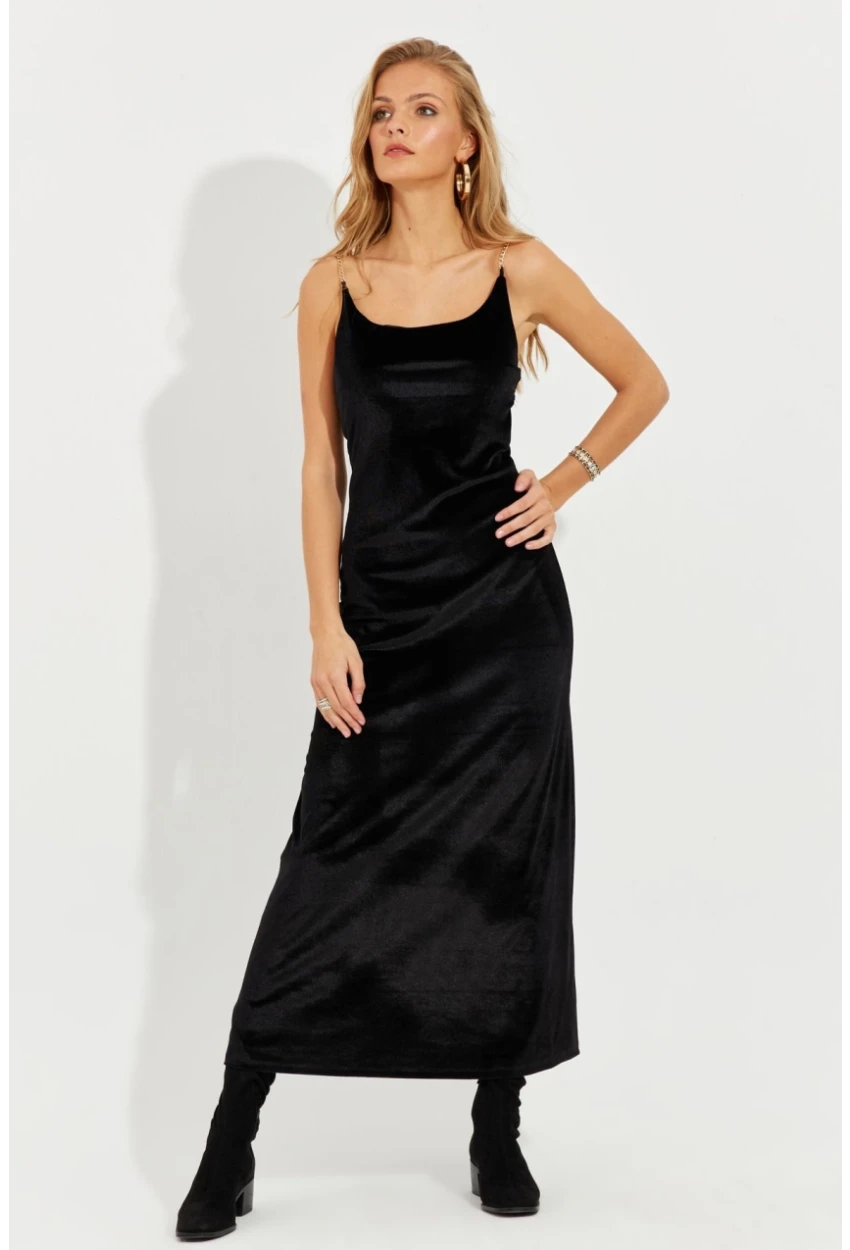 Kadın Siyah Zincir Askılı Kadife Midi Elbise B2851