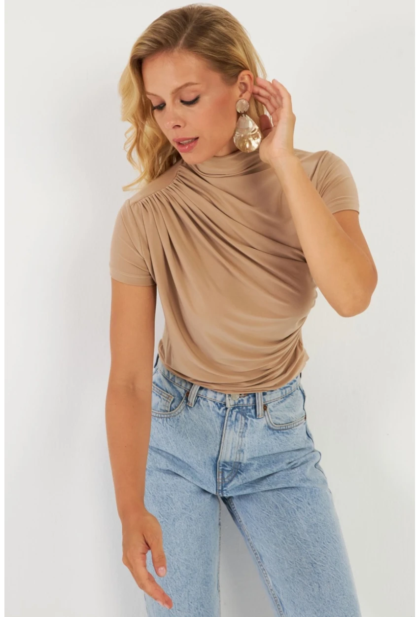 Kadın Sütlü Kahve Büzgülü Bluz LPP1287