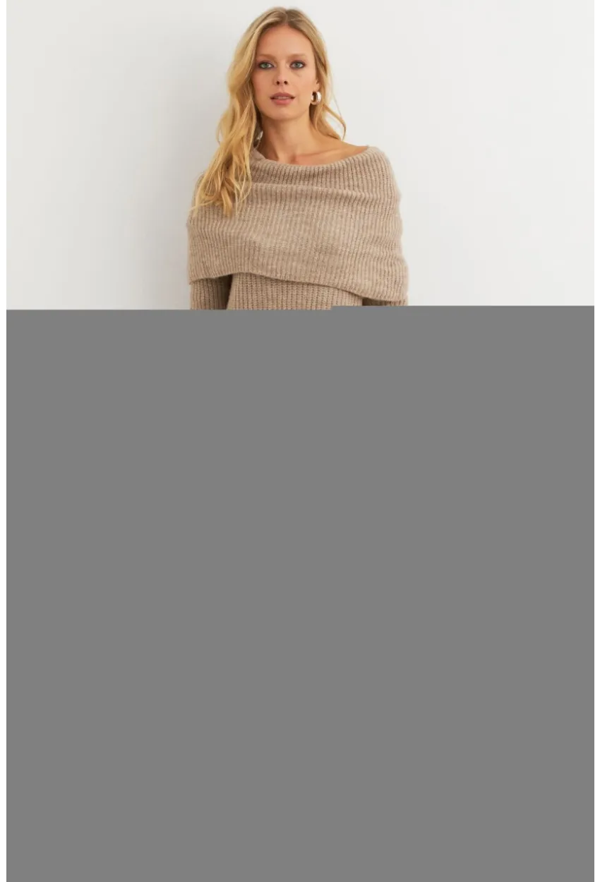 Kadın Sütlü Kahve Madonna Yaka Triko Tunik Elbise KAZ36