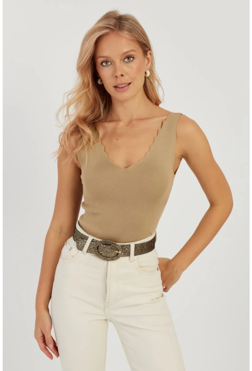 Kadın Sütlü Kahve Merdiven Yaka Triko Bluz YV83