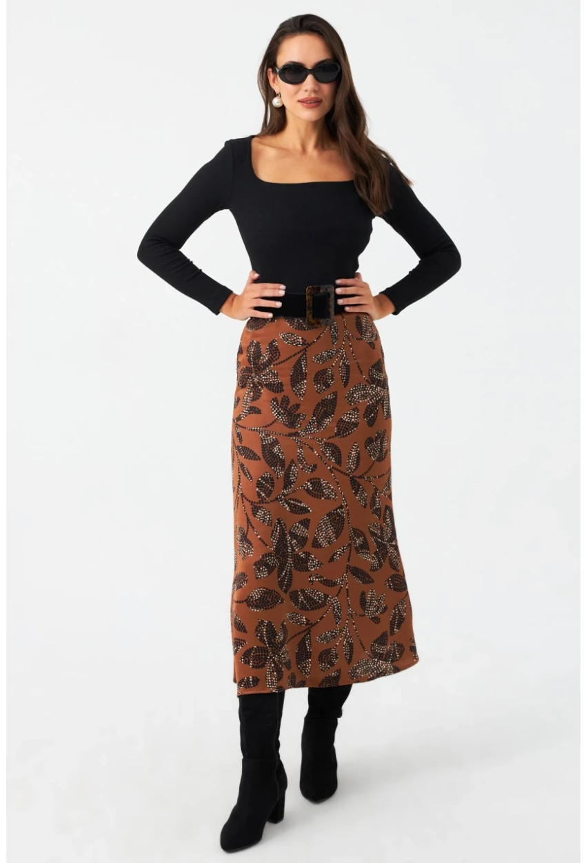 Kadın Taba Desenli Saten Etek CAR1060