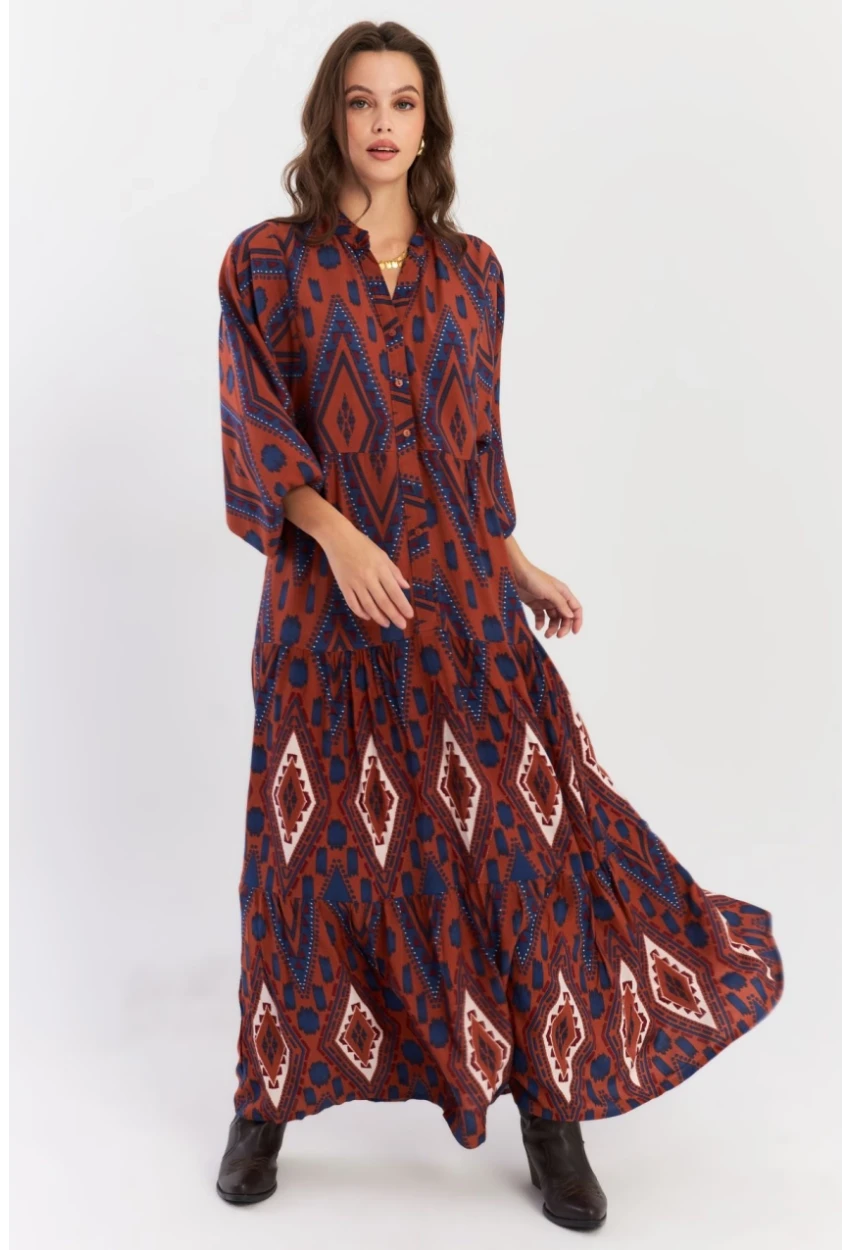 Kadın Taba Desenli Volanlı Maxi Dokuma Elbise ALO339