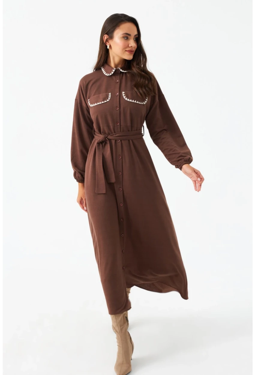 Kadın Taba Kemerli Maxi Gömlek Elbise MASF17