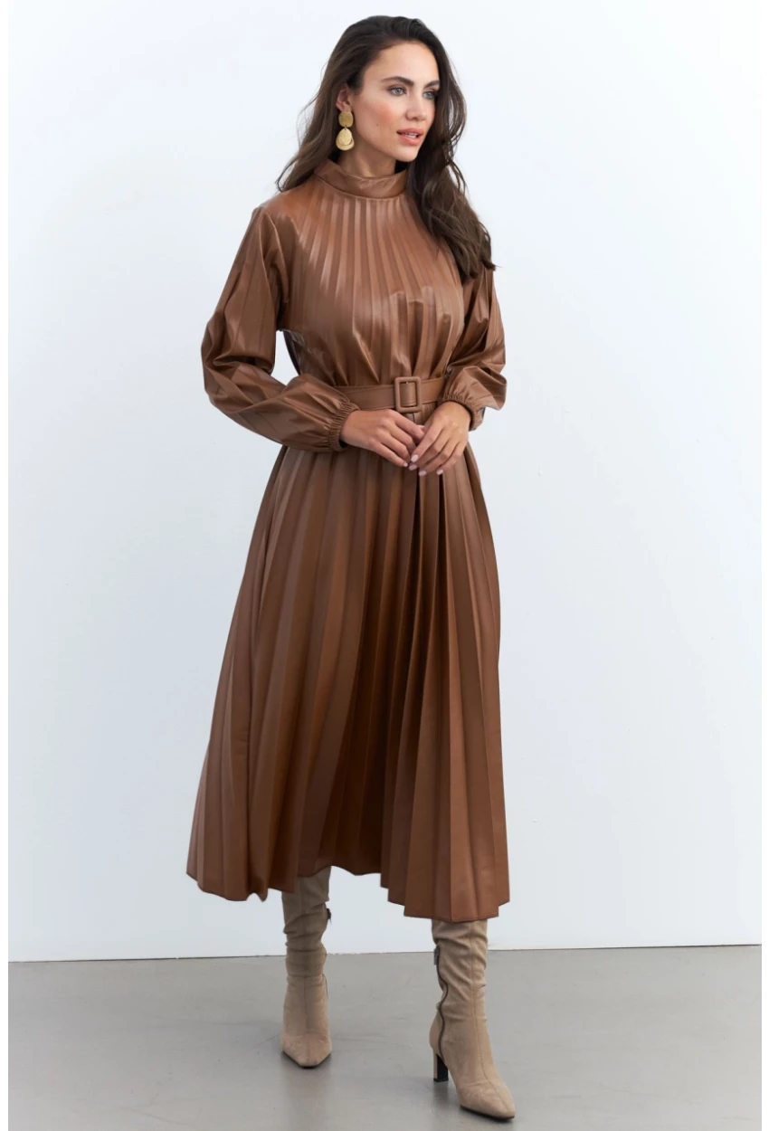 Kadın Taba Pileli Kemerli Maxi Elbise MALZ99