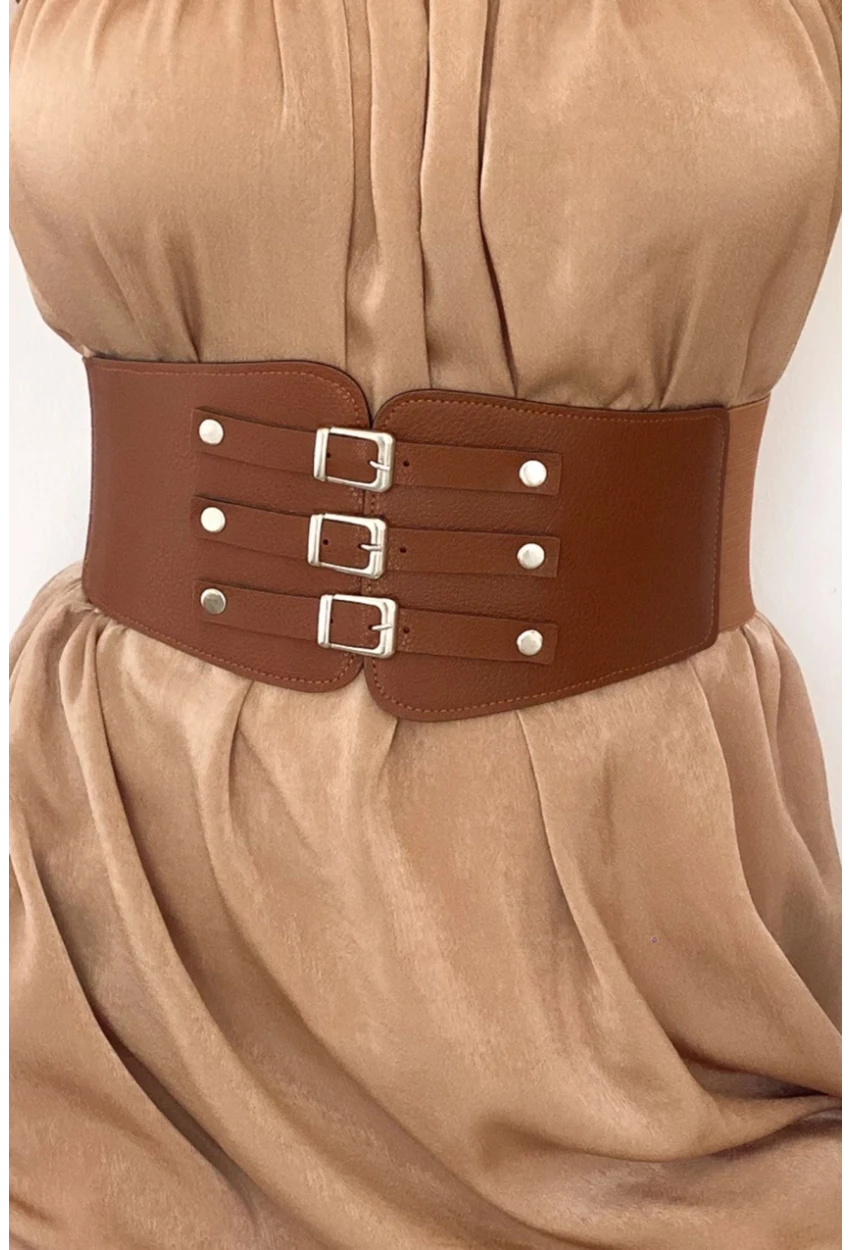 Kadın Taba Üç Tokalı Lastikli Korse Kemer BE642