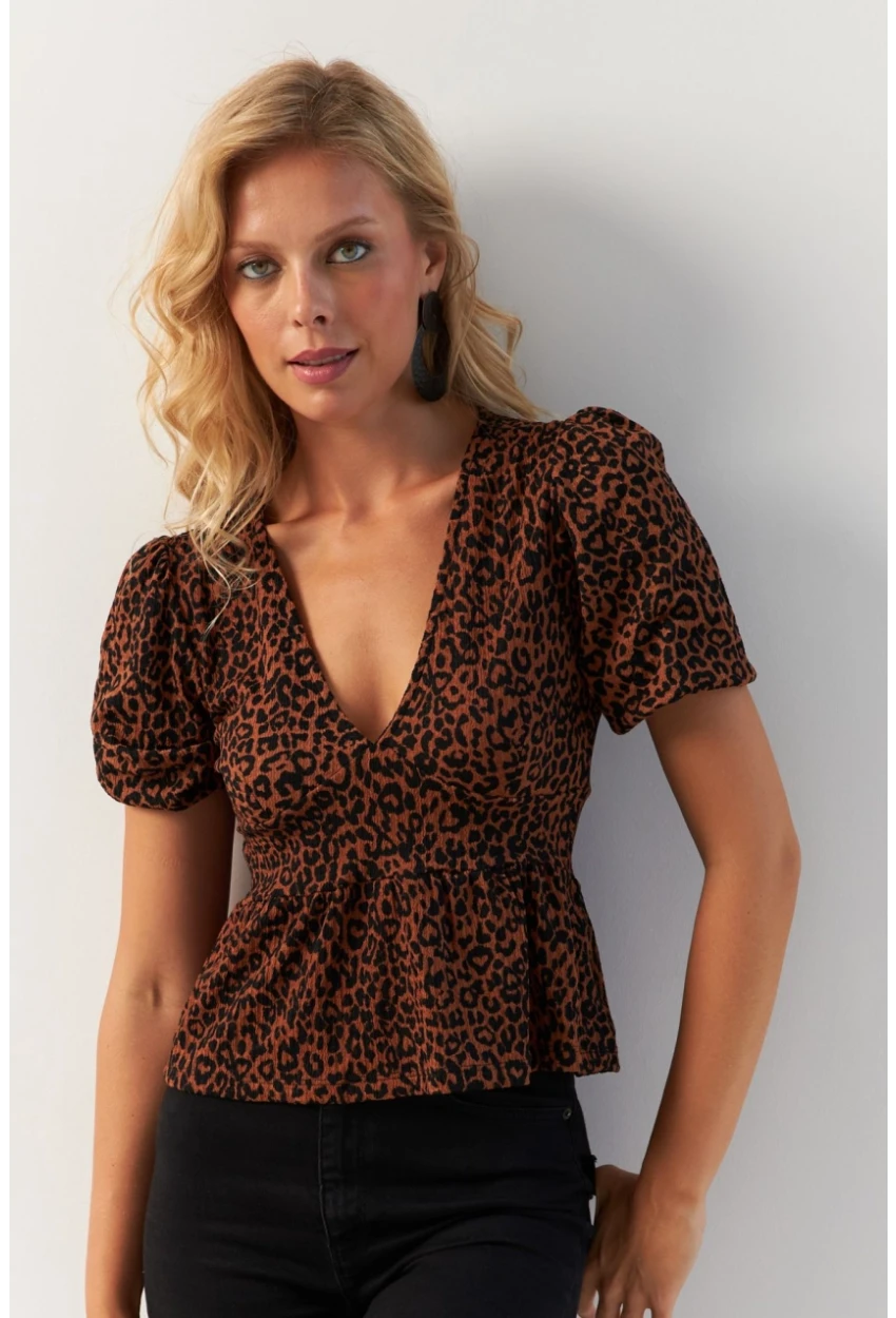 Kadın Taba V Yaka Desenli Bluz KAZ21