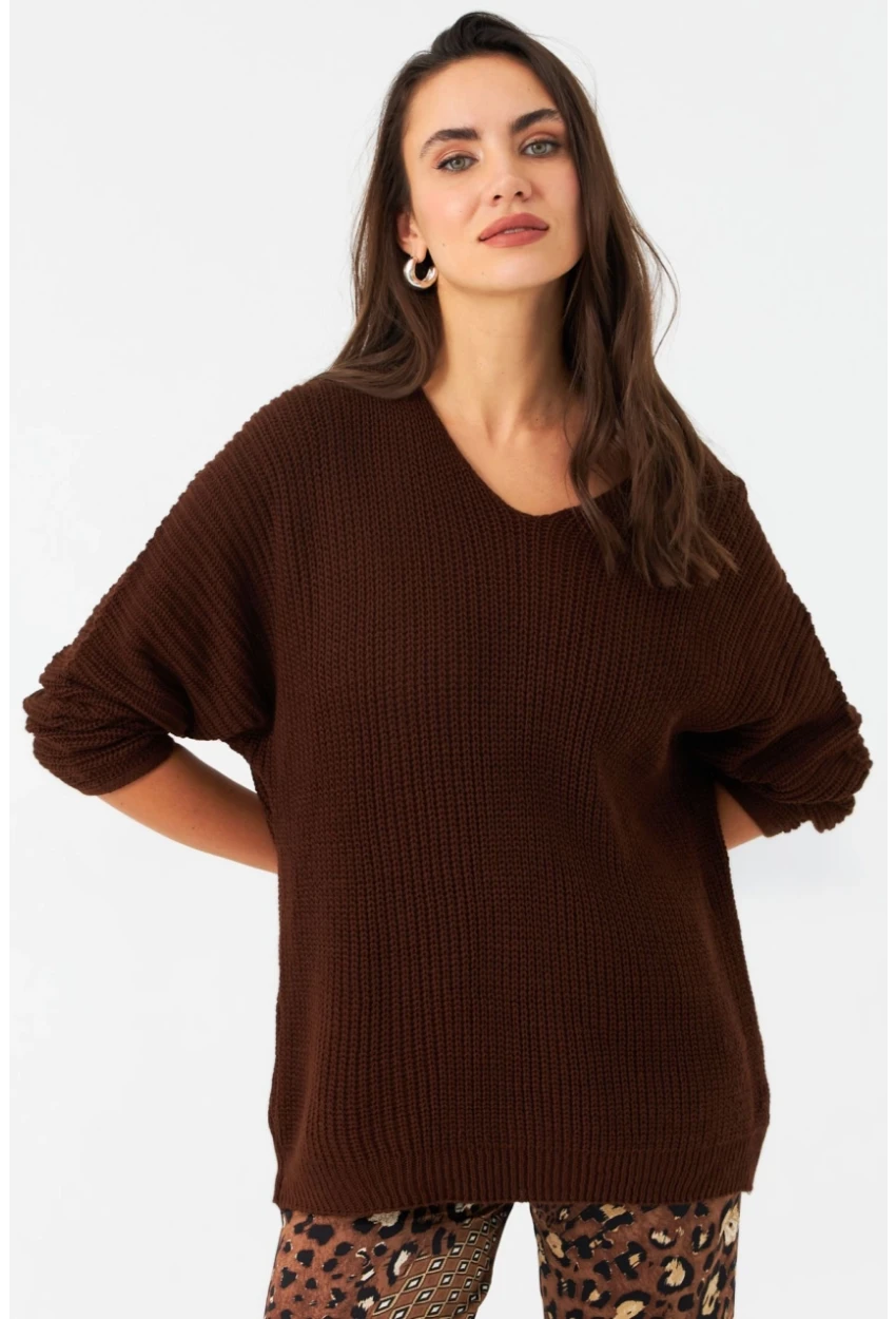 Kadın Tarçın V Yaka Salaş Triko Bluz SMT158