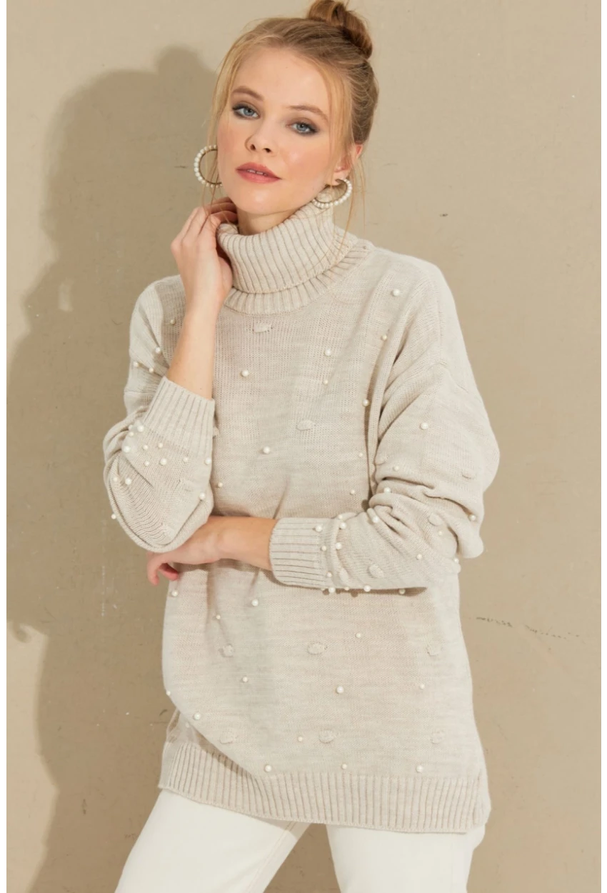 Kadın Taş Balıkçı Yaka İncili Triko Kazak MSS129