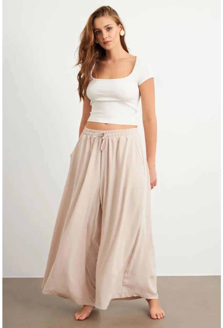 Kadın Taş Beli Lastikli Cepli Palazzo Pantolon Sİ1155