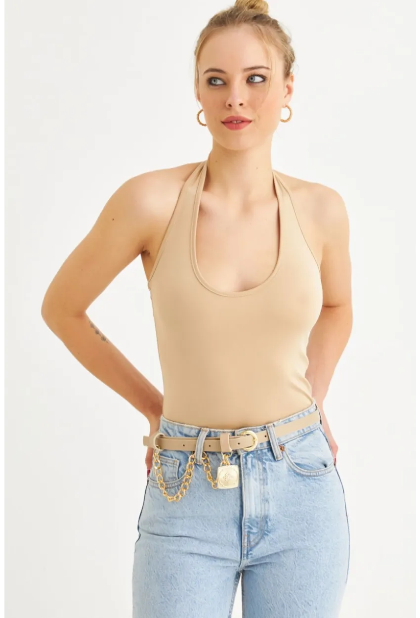 Kadın Taş Boyun Askılı Crop Bluz TF69