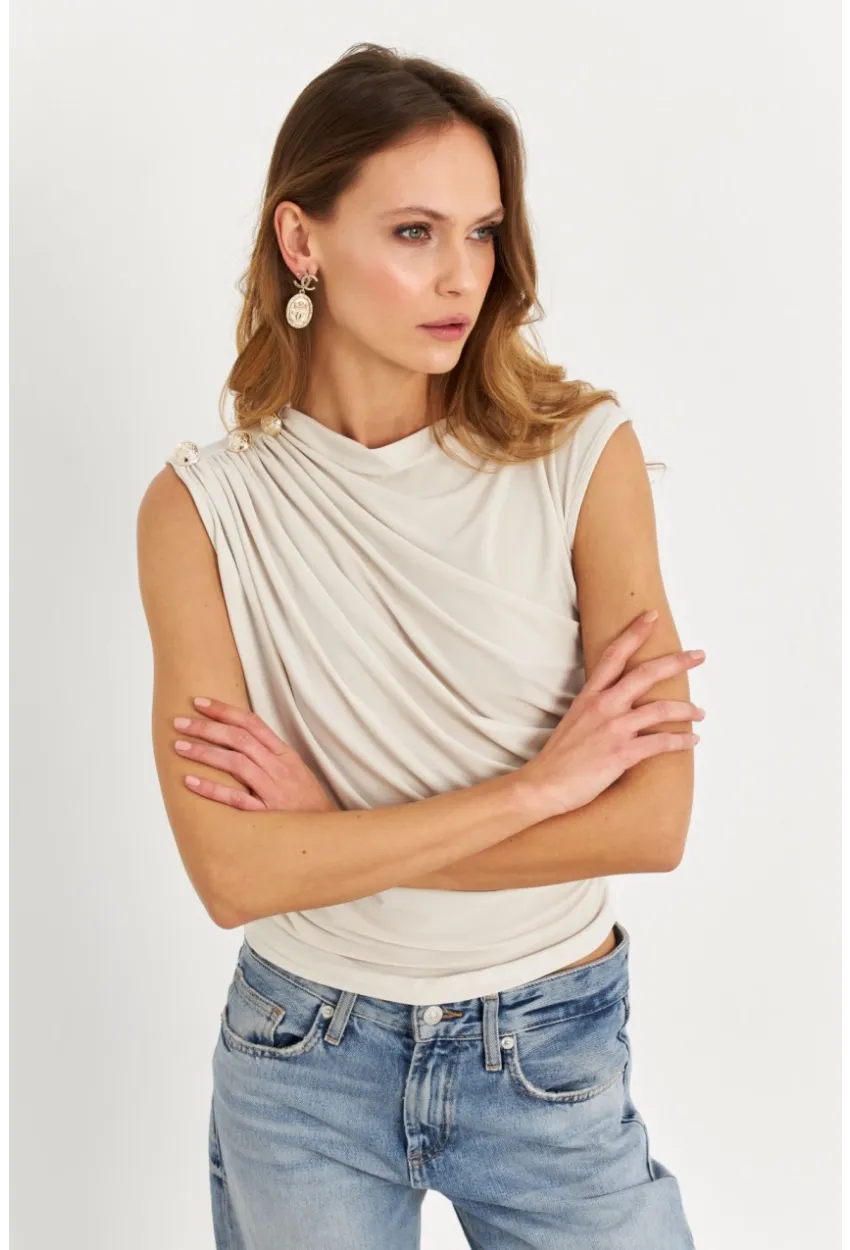 Kadın Taş Düğme Detaylı Büzgülü Bluz LPP1205-1