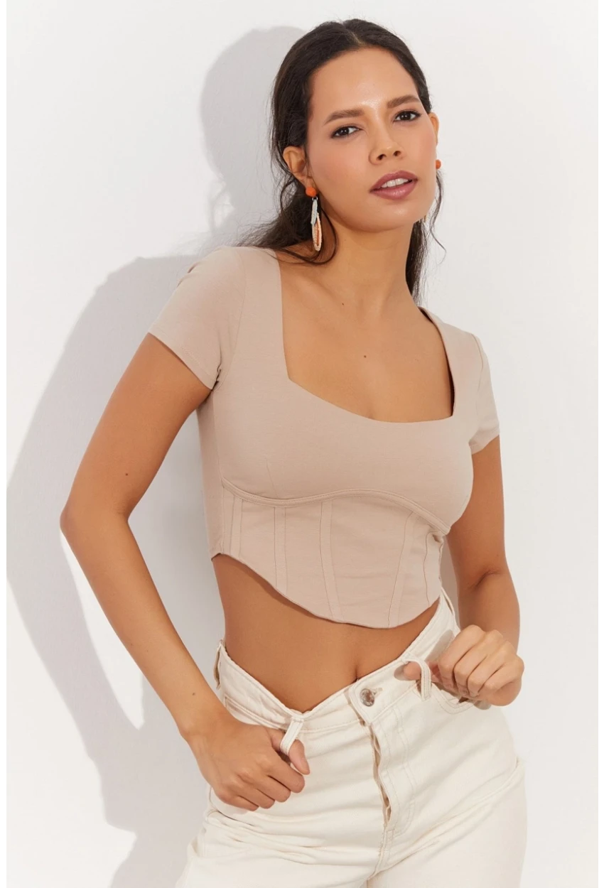 Kadın Taş Kare Yaka Crop Bluz RX420