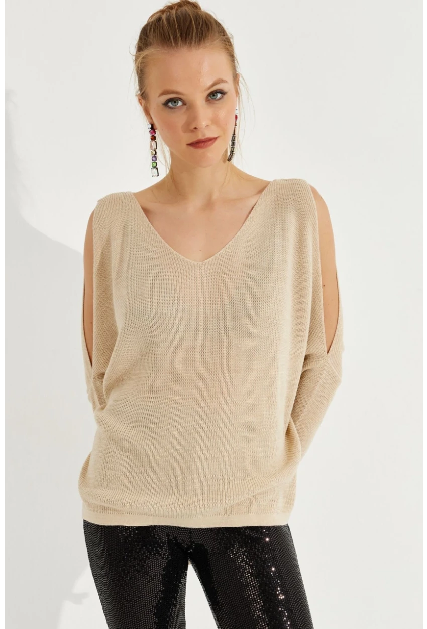 Kadın Taş Kolu Yırtmaçlı Triko Bluz SMT221