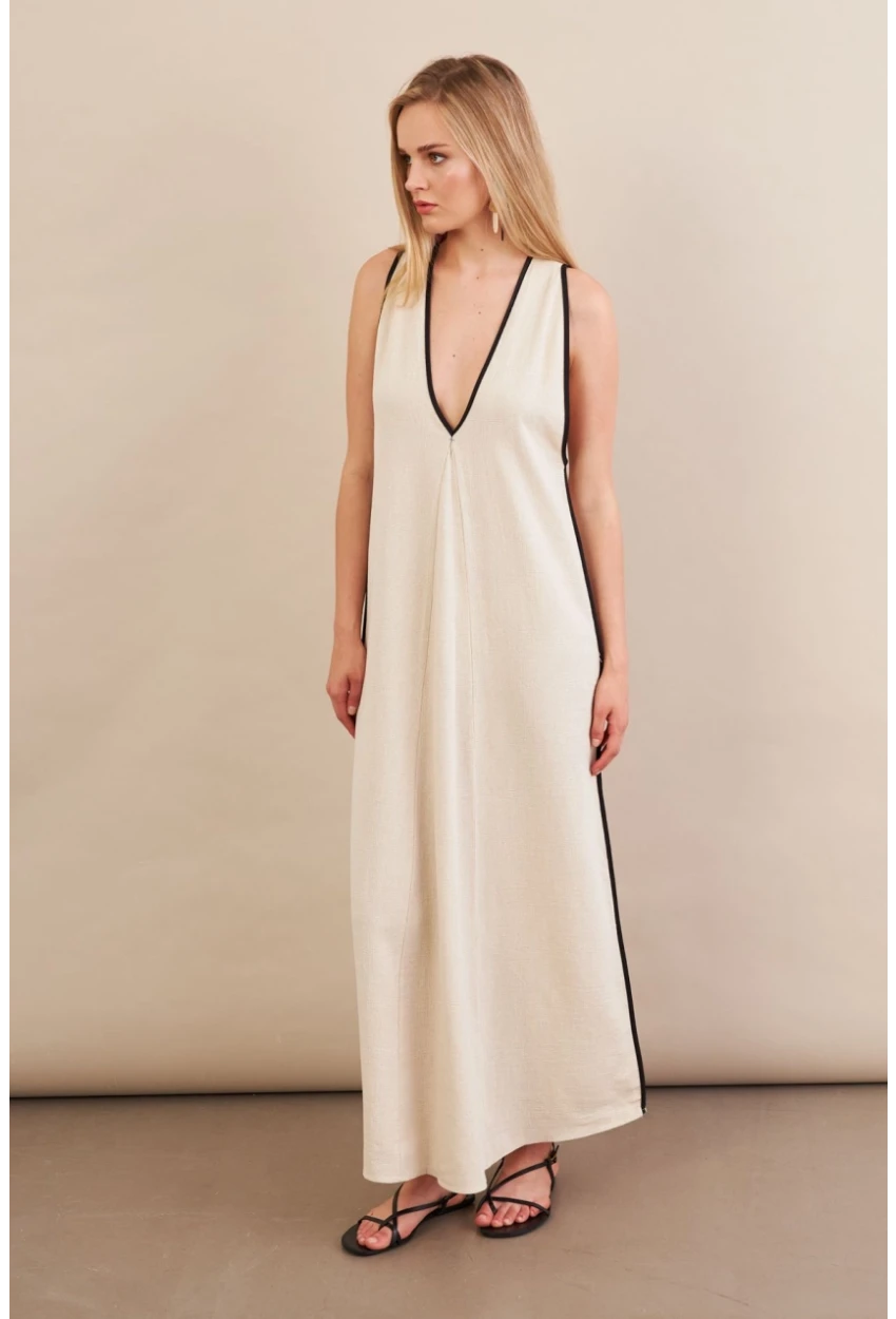 Kadın Taş Kontrast Çizgili Maxi Keten Elbise MSİ101