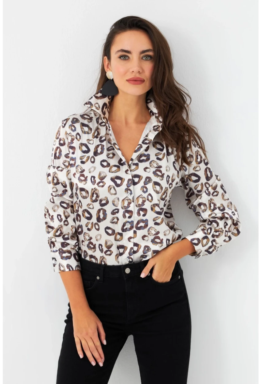 Kadın Taş Leopar Desenli Saten Gömlek SHR9