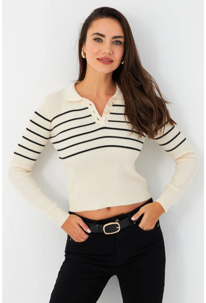 Kadın Taş Polo Yaka Çizgili Triko Bluz MK65