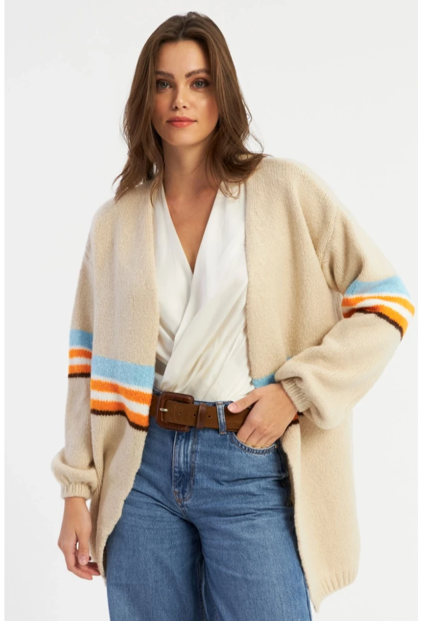 Kadın Taş Renk Çizgili Hırka MSMT2429