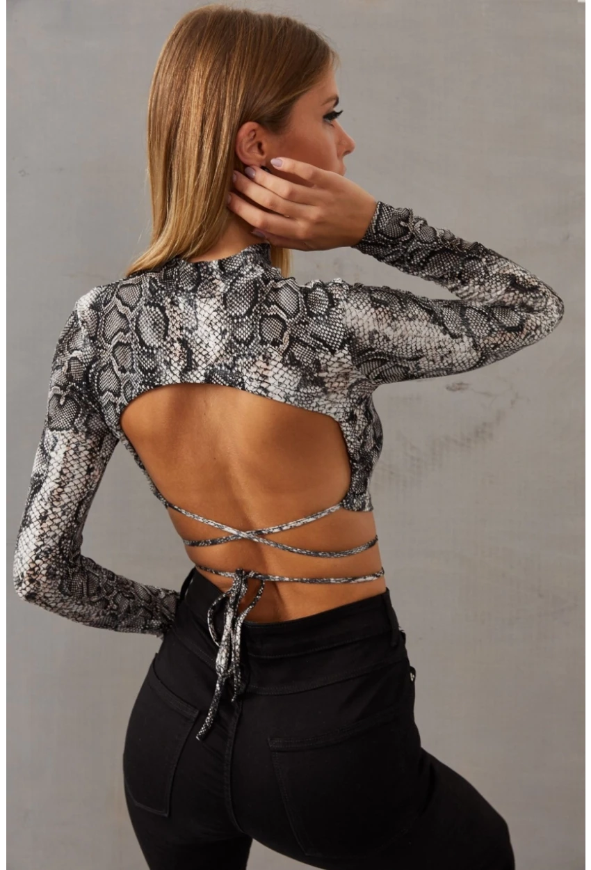 Kadın Taş Sırt Dekolteli Yılan Desenli Crop Bluz LPP1131