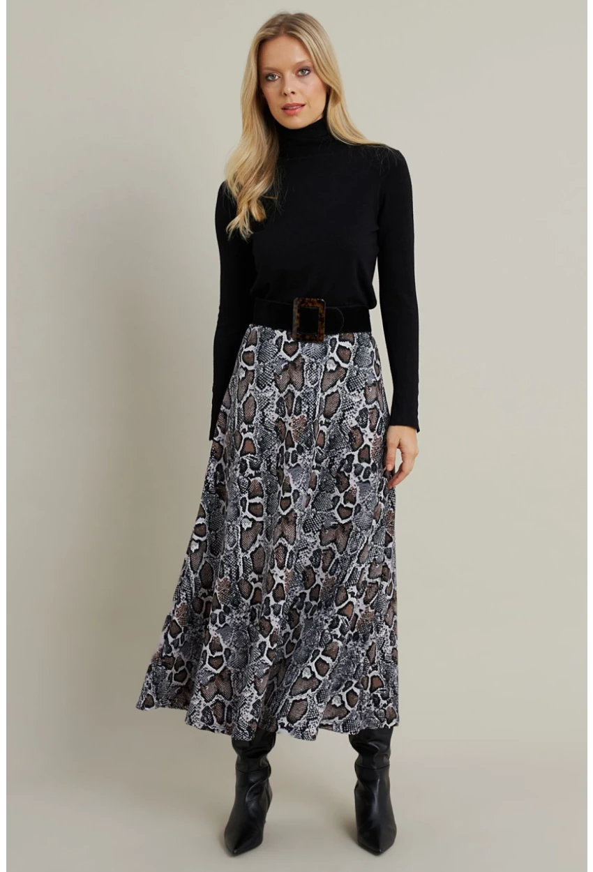 Kadın Taş-Siyah Desenli Çan Etek LON3007
