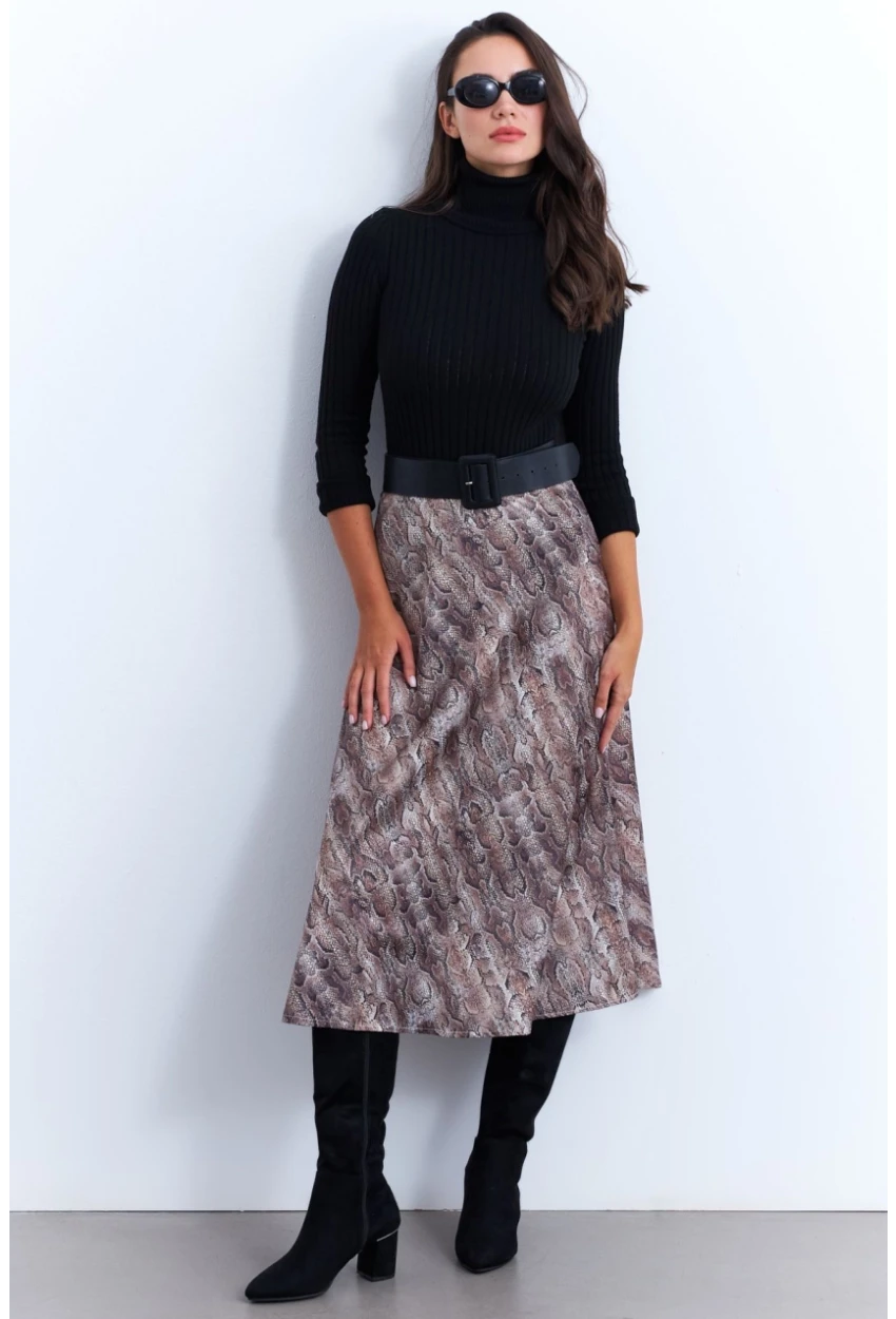 Kadın Taş-Siyah Yılan Desenli Saten Çan Etek ELT161
