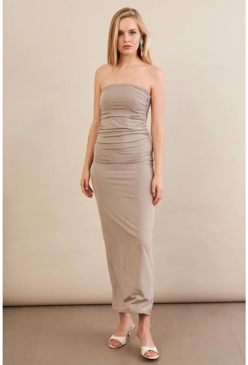 Kadın Taş Straplez Büzgülü Midi Elbise MX2005