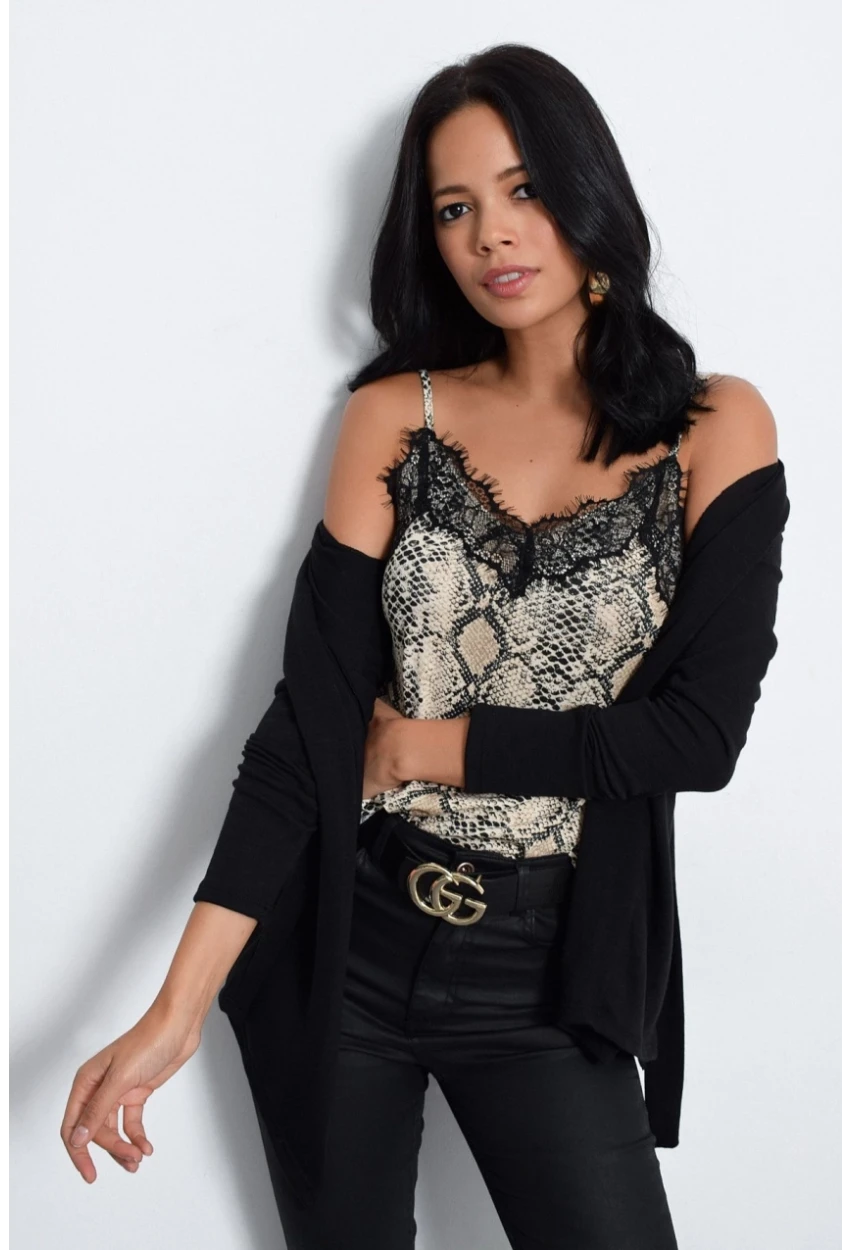 Kadın Taş Yılan Desenli Dantelli Atlet