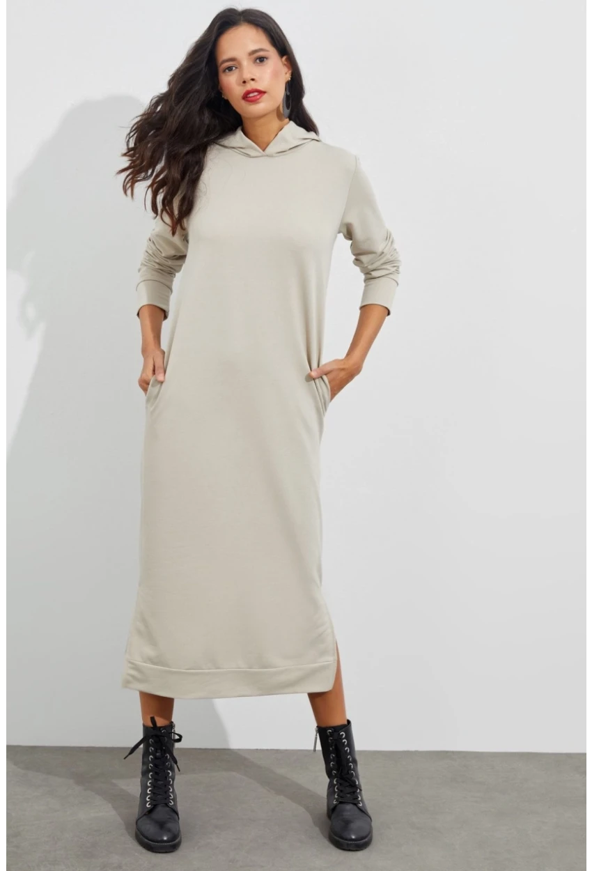 Kadın Taş Yırtmaçlı Kapüşonlu Maxi Elbise EY1111