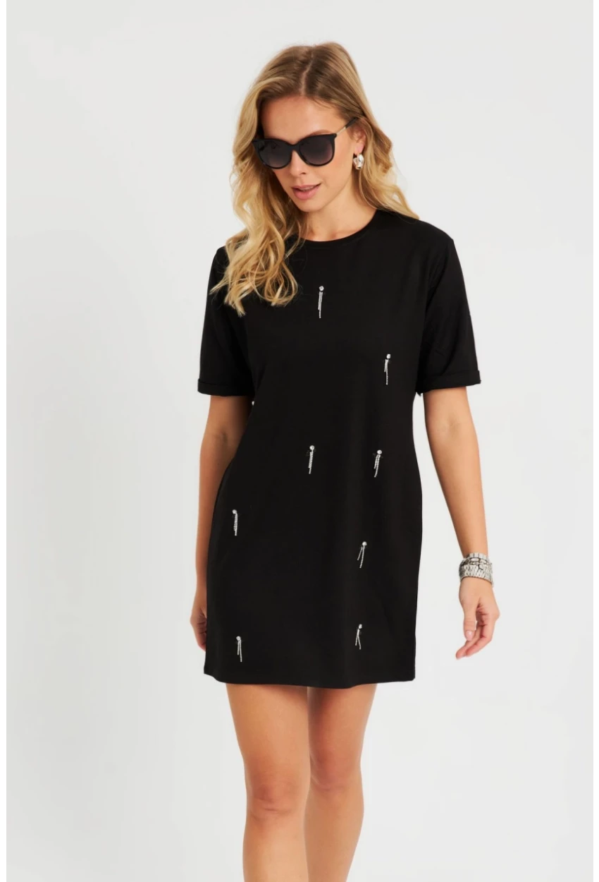 Kadın Taşlı Mini Elbise Siyah ST831