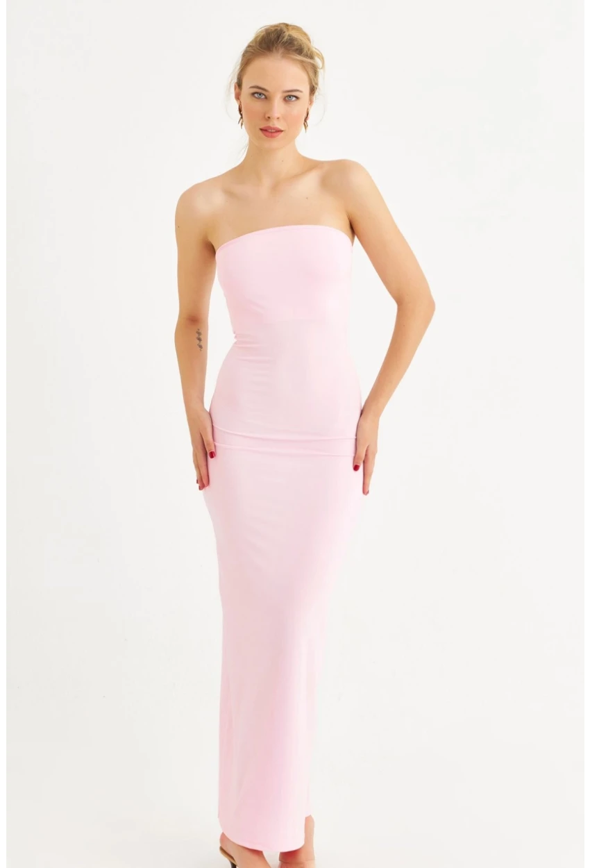 Kadın Toz Pembe Straplez Yırtmaçlı Midi Elbise XC005