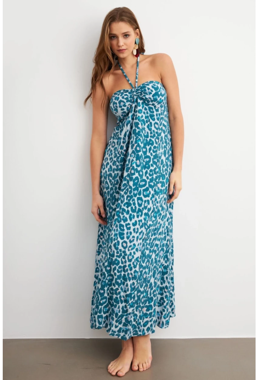 Kadın Turkuaz Büzgülü Desenli Midi Elbise KAB304