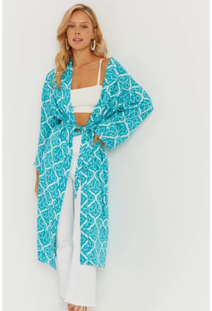 Kadın Turkuaz Desenli Kimono GÇ155