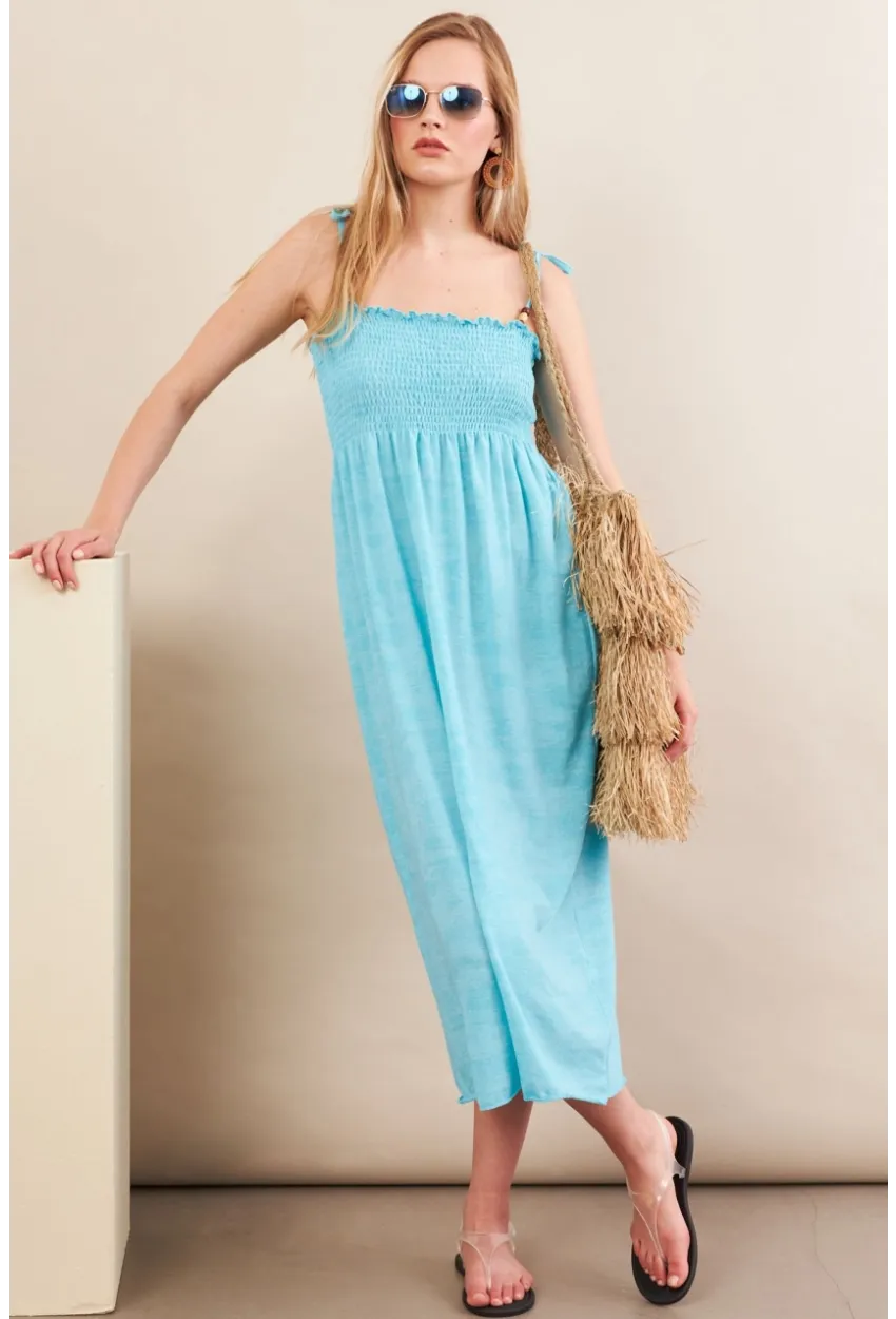 Kadın Turkuaz Gipeli Midi Plaj Elbisesi OR501