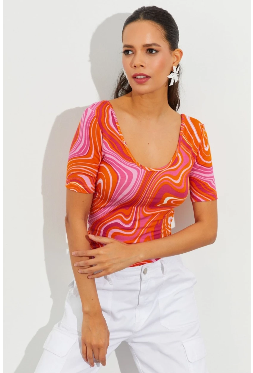 Kadın Turuncu Desenli Bluz LPP1224