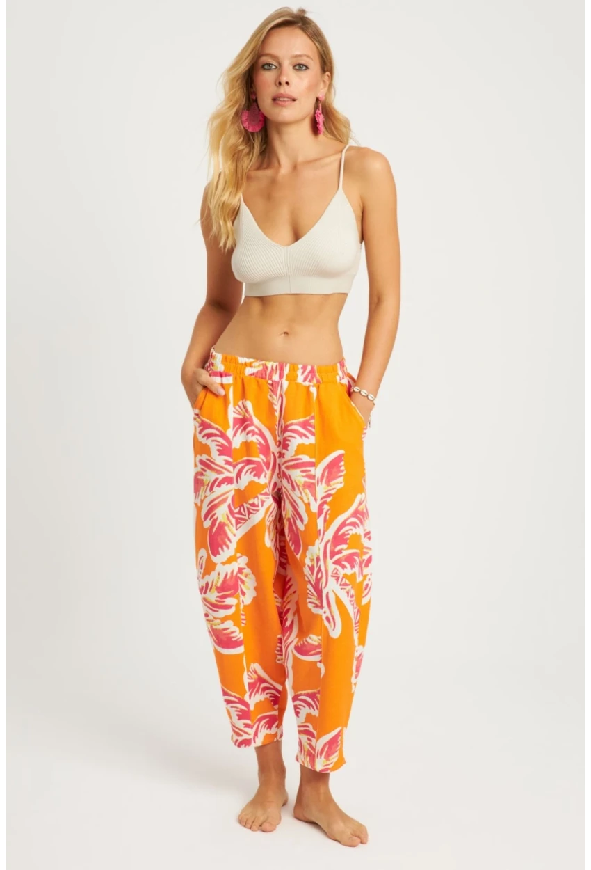 Kadın Turuncu Desenli Keten Şalvar Pantolon K1253