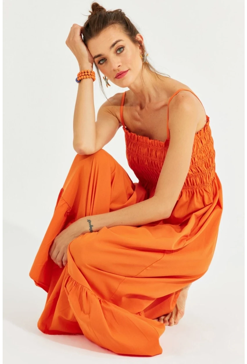 Kadın Turuncu Gipeli Askılı Midi Elbise MEN2000