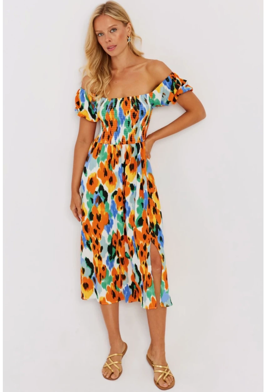 Kadın Turuncu Gipeli Desenli Midi Elbise MON126