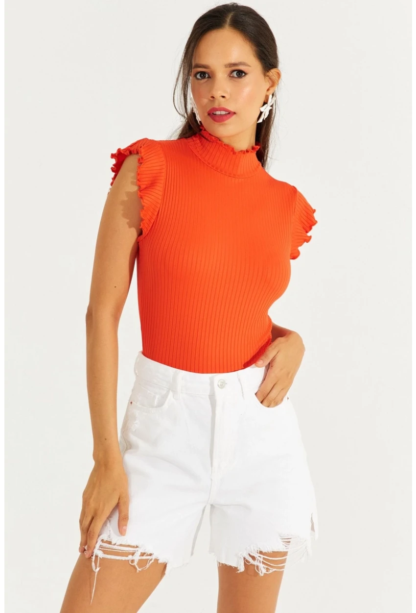 Kadın Turuncu Kolları Fırfırlı Fitilli Bluz TH1092