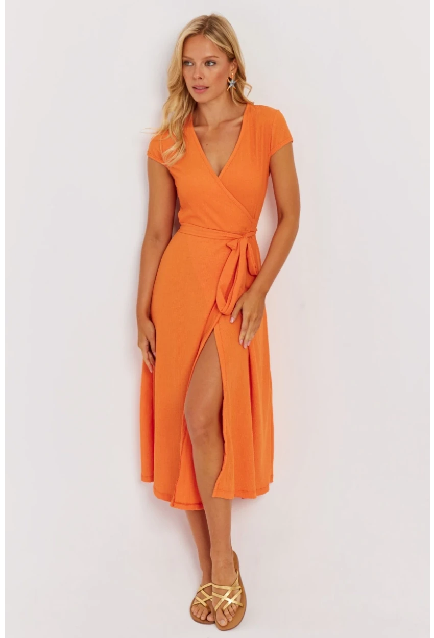 Kadın Turuncu Kruvaze Midi Elbise EY2781
