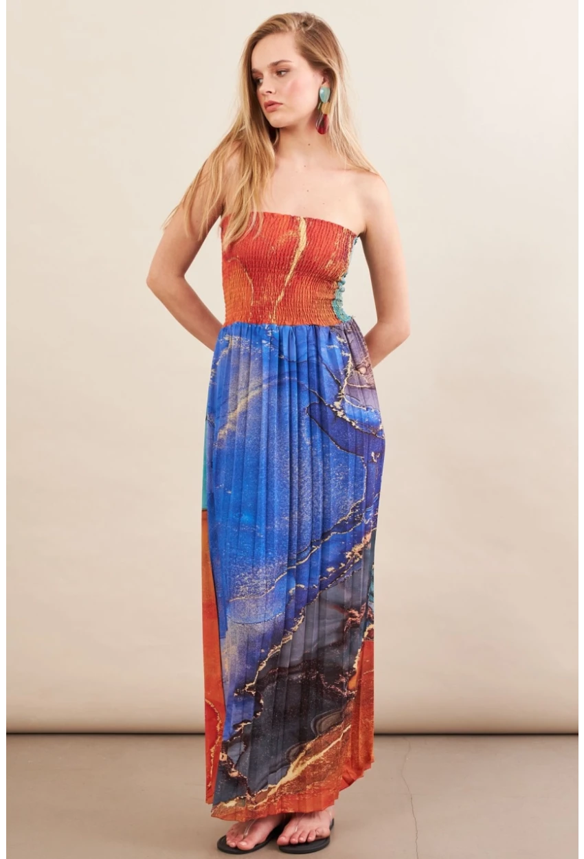 Kadın Turuncu-Mavi Straplez Pilise Uzun Elbise MSİ100