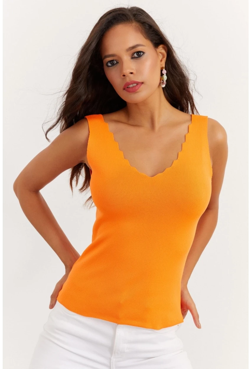 Kadın Turuncu Merdiven Yaka Triko Bluz YV83