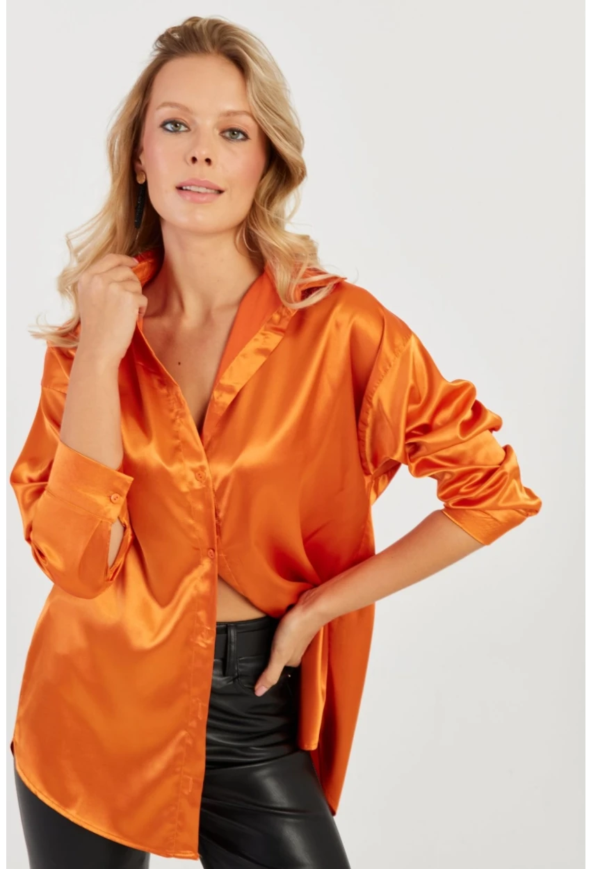 Kadın Turuncu Saten Gömlek SF2537
