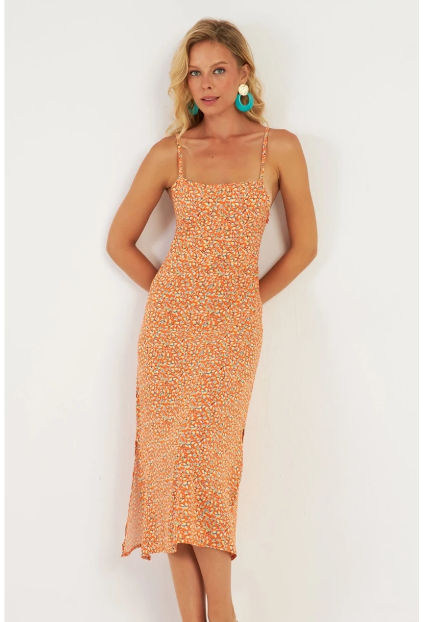 Kadın Turuncu Sırtı Gipeli Desenli Midi Elbise MP427